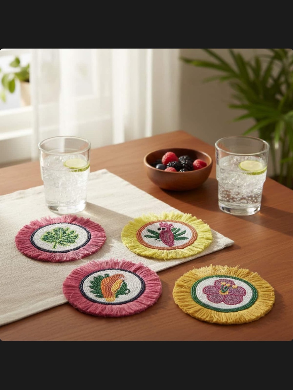 Ashland Beaded Fringed Round Coaster Set of 4 in Yellow and Pink
